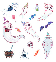 Halloween collection of ghosts, spiders and candy, hand painted with gouache