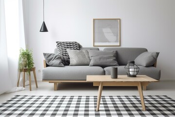 Simple Scandinavian living room with modern grey couch, checkered cushions, and large window. White background enhances minimalism. Generative AI