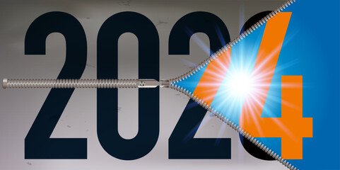 Carte de vœux sur le concept de l’espoir, avec une fermeture éclaire qui s’ouvre une année 2024 ensoleillée et la promesse d’un bel avenir. - obrazy, fototapety, plakaty