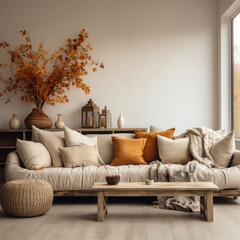 Autumn cozy home interior with candles, pumpkins and flowers