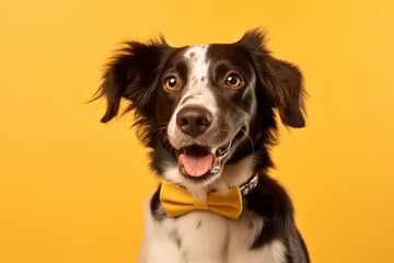 Close-up portrait photography of a happy brittany dog wearing a tuxedo against a yellow background. With generative AI technology - obrazy, fototapety, plakaty