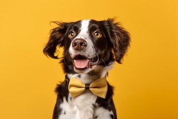 Close-up portrait photography of a happy brittany dog wearing a tuxedo against a yellow background. With generative AI technology