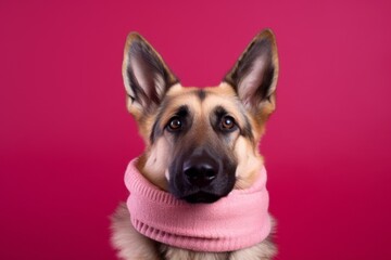 Medium shot portrait photography of a cute german shepherd wearing a snood against a burgundy red background. With generative AI technology