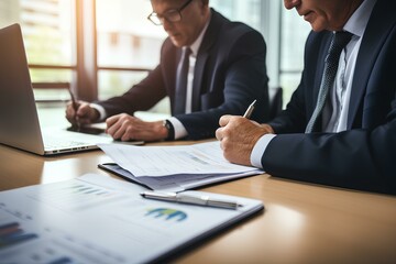 Two professional executives discussing financial accounting papers working together in office. generative AI