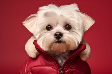 Close-up portrait photography of a cute maltese wearing a sherpa coat against a burgundy red background. With generative AI technology