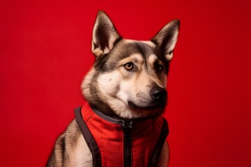 Fototapeta premium Photography in the style of pensive portraiture of a curious norwegian elkhound wearing a cooling vest against a burgundy red background. With generative AI technology