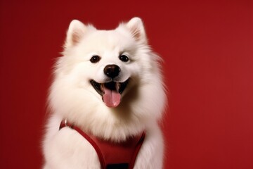 Close-up portrait photography of a smiling american eskimo dog wearing a swimming vest against a...