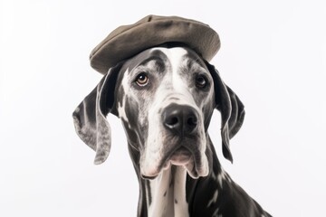 Headshot portrait photography of a cute great dane wearing a beret against a pearl white background. With generative AI technology - obrazy, fototapety, plakaty