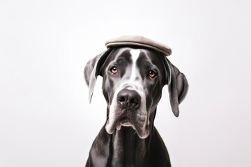 Headshot portrait photography of a cute great dane wearing a beret against a pearl white background. With generative AI technology - obrazy, fototapety, plakaty