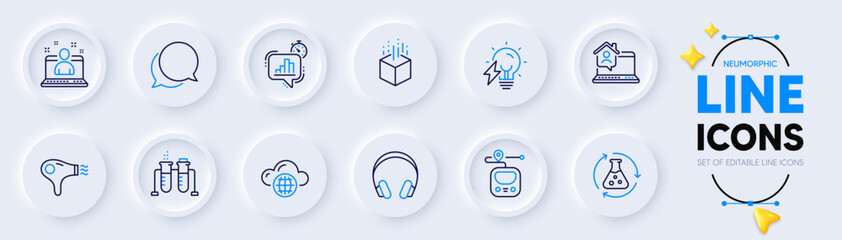 Statistics timer, Electricity bulb and Augmented reality line icons for web app. Pack of Metro, Chemistry beaker, Headphones pictogram icons. Hair dryer, Work home, Best manager signs. Vector