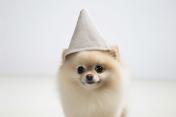 Medium shot portrait photography of a bored pomeranian wearing a wizard hat against a pearl white background. With generative AI technology