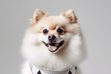 Medium shot portrait photography of a funny pomeranian wearing a training vest against a pearl white background. With generative AI technology