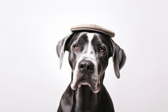 Headshot portrait photography of a cute great dane wearing a beret against a pearl white background. With generative AI technology