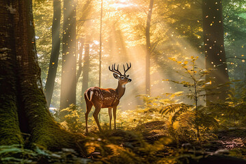 A Majestic Deer in the Forest Sunlight,deer in the woods,deer in the forest