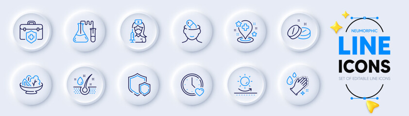 Fototapeta na wymiar Sun protection, Depression treatment and Chemistry lab line icons for web app. Pack of Dating, Medical tablet, Vaccination pictogram icons. Serum oil, Washing hands, Hospital signs. Vector