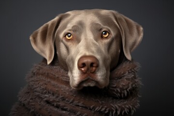 Photography in the style of pensive portraiture of a funny labrador retriever wearing a warm scarf...