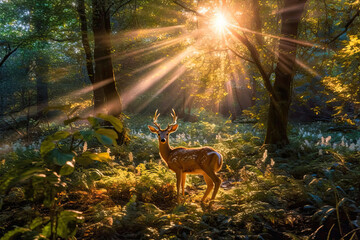 A Majestic Deer in the Forest Sunlight,deer in the woods,deer in the forest