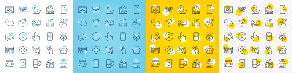 Vector icons set of Smartphone recovery, Computer mouse and Favorite line icons pack for web with Loyalty program, Lock, Settings blueprint outline icon. Phone protection, Service. Vector