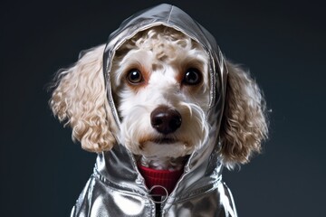 Close-up portrait photography of a cute poodle wearing a raincoat against a metallic silver...