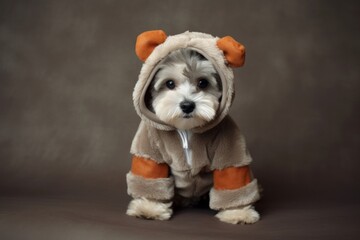 Medium shot portrait photography of a funny havanese dog wearing a teddy bear costume against a...