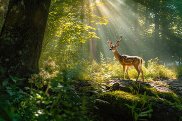 Fototapeta premium A Majestic Deer in the Forest Sunlight,deer in the woods,deer in the forest