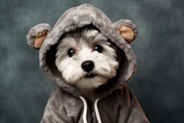 Medium shot portrait photography of a funny havanese dog wearing a teddy bear costume against a...