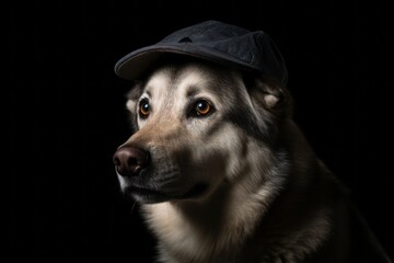 Close-up portrait photography of a smiling norwegian elkhound wearing a cool cap against a metallic...