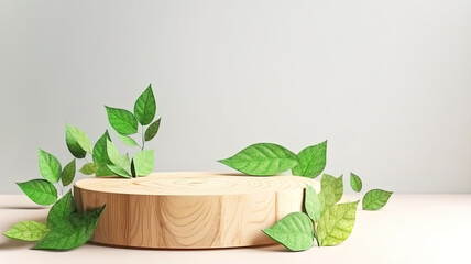Wooden Visualizer Wallpaper in a Clean Background,Nature’s Stage: A Wooden Podium Amidst Green Leaves