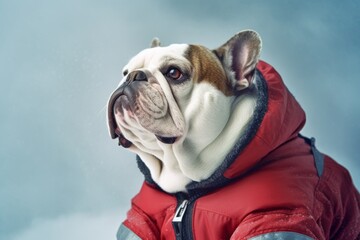 Photography in the style of pensive portraiture of a happy bulldog wearing a ski suit against a beige background. With generative AI technology