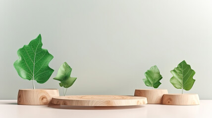 Wooden Visualizer Wallpaper in a Clean Background,Nature’s Stage: A Wooden Podium Amidst Green Leaves