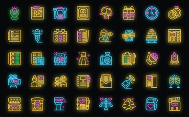 Wedding planner icons set outline vector. Woman girl. Event guy neon color on black