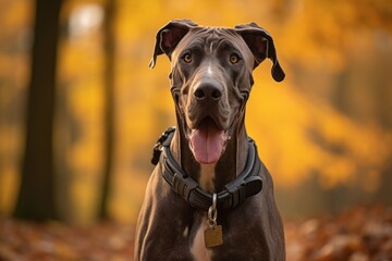 Close-up portrait photography of a happy great dane wearing a harness against a warm taupe background. With generative AI technology - obrazy, fototapety, plakaty