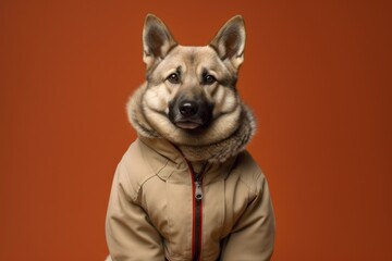 Studio portrait photography of a cute norwegian elkhound wearing a ski suit against a warm taupe background. With generative AI technology