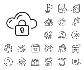 Internet data storage sign. Salaryman, gender equality and alert bell outline icons. Cloud computing protection line icon. File hosting technology symbol. Cloud protection line sign. Vector