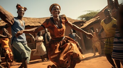 Action shot of an African model dancing to traditional beats in a village setting