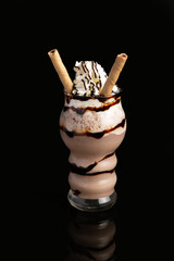 A smoothie prepared with chocolate, cream, and Pirouline