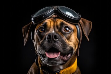 Headshot portrait photography of a smiling boxer dog wearing a visor against a cool gray background. With generative AI technology