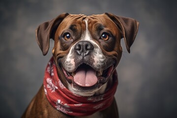Fototapeta premium Medium shot portrait photography of a smiling boxer dog wearing a cooling bandana against a cool gray background. With generative AI technology