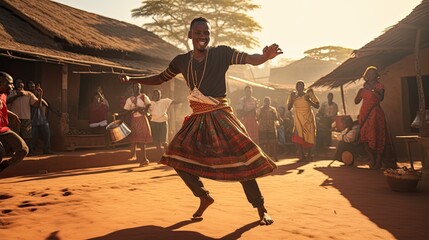 Action shot of an African model dancing to traditional beats in a village setting