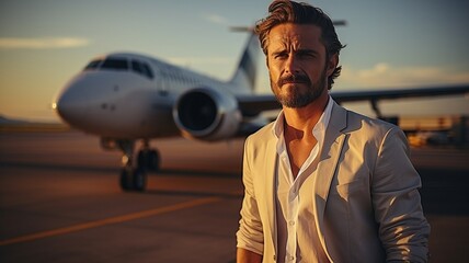 Adult white men in white shirts gazing off into the horizon while standing close to an aeroplane.