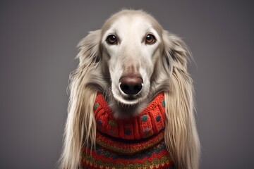 Photography in the style of pensive portraiture of a smiling afghan hound dog wearing a festive sweater against a cool gray background. With generative AI technology