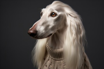 Obraz na płótnie Canvas Photography in the style of pensive portraiture of a smiling afghan hound dog wearing a festive sweater against a cool gray background. With generative AI technology