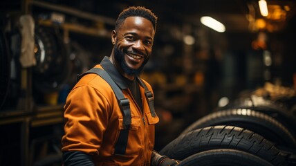 An African American mechanic is balancing a tyre using wheel balancing equipment in an auto repair shop..