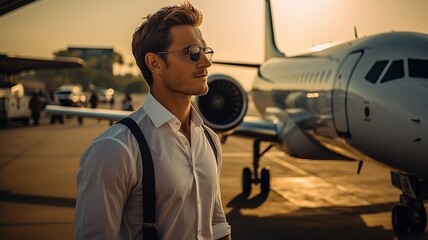 Adult white men in white shirts gazing off into the horizon while standing close to an aeroplane.