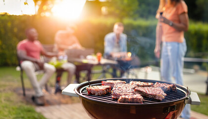 barbecue with friends in the garden, vegetarian and with meat