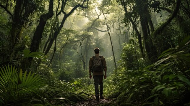 Model walking through a dense African forest, blending beauty with raw nature