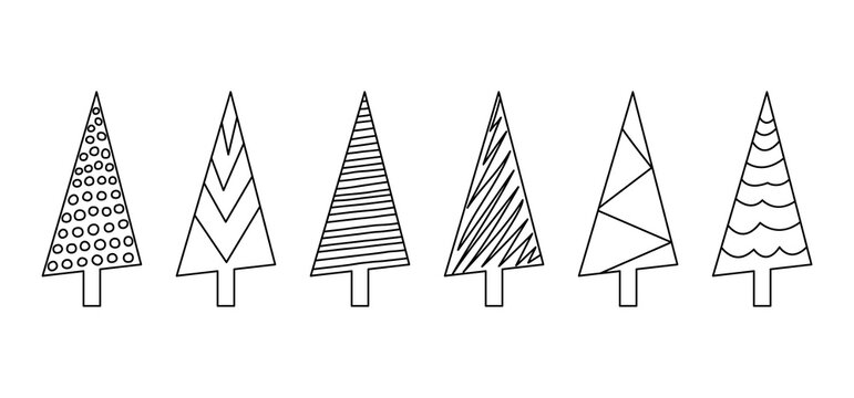 Christmas tree sketch line, xmas doodle vector icon, simple hand drawn outline design. Black silhouettes line art. New Year fir and pine set. Minimalist scribble holiday illustration