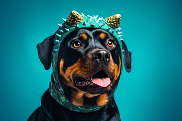 Medium shot portrait photography of a funny rottweiler wearing a dinosaur costume against a...