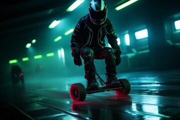 alien commuter riding a hoverboard down a hallway lighted by neon,.