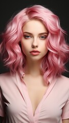 attractive beauty model poses for a photo in a studio with only half of her face visible, pink hair, and cosmetics on..